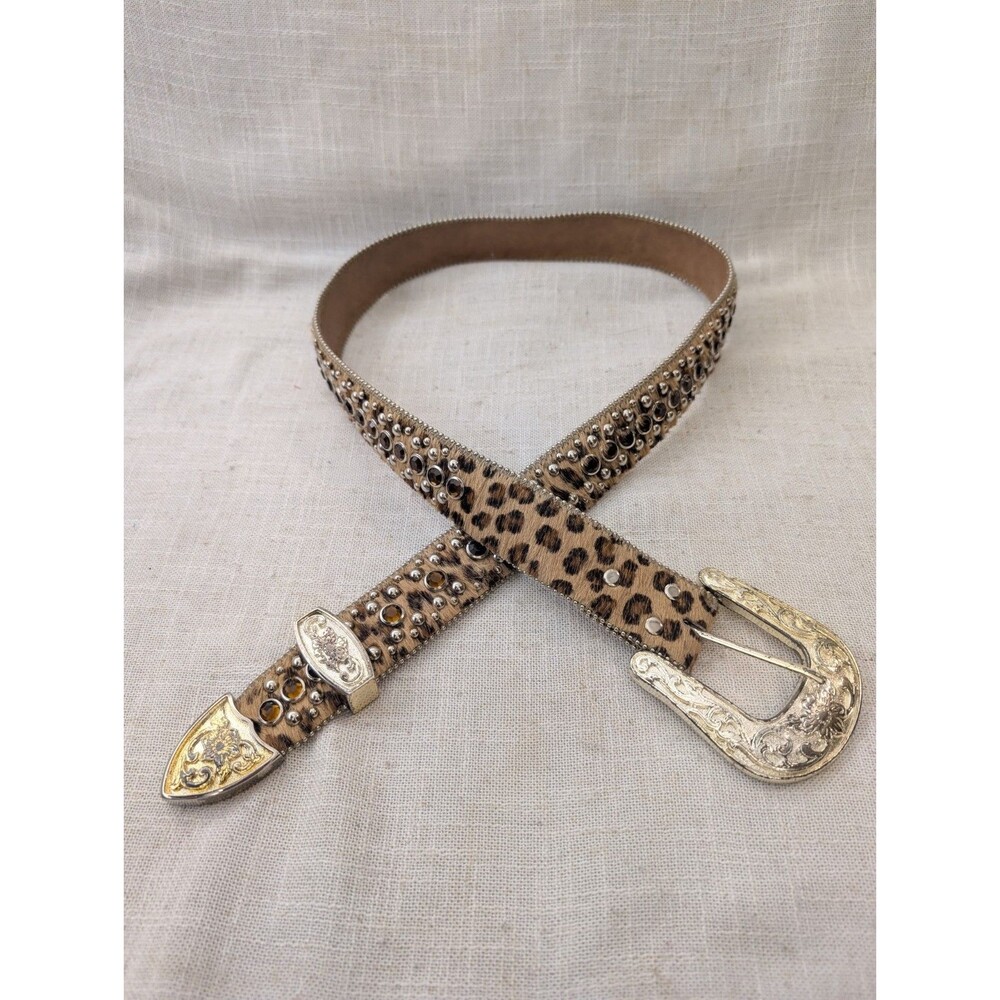Cheetah Print Metal Western Buckle Belt with Fuzzy Finish and Rhinestones Large